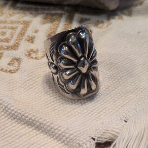 Native, Signed, Wide Silver Floral Ring ~8